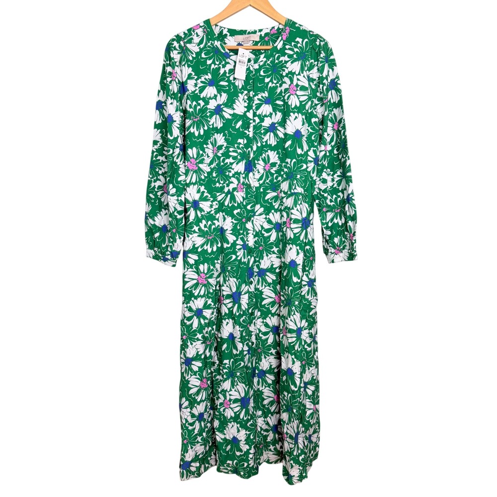 NEW LOFT Green Floral Daisy Button Front Midi Dress Long Sleeve‎ Pockets 12